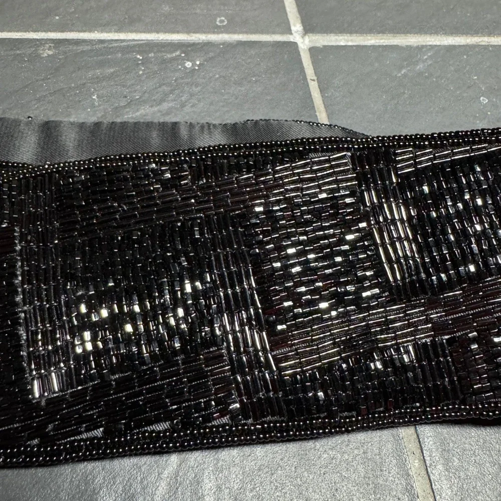 Vintage Black Beaded Wide Waist Belt Geometric Bugle Bead Velcro Closure 33 Inch